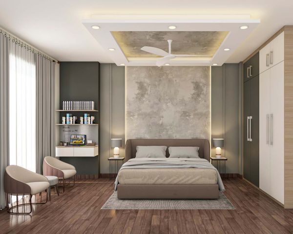 Dark-Coloured Bedroom Tile Design With Wooden Details | Livspace