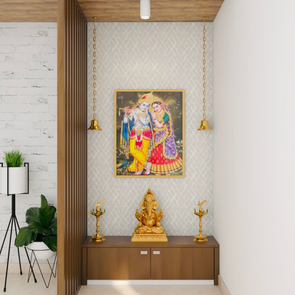 Modern Pooja Room Design With Wooden Fluted Panels And A White Backdrop |  Livspace