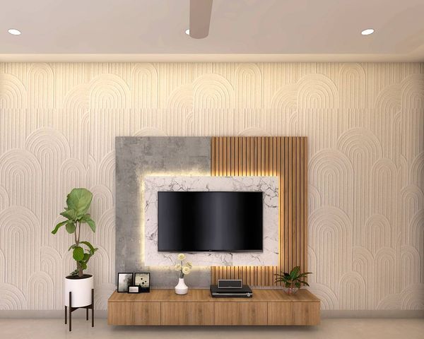 Spacious TV Unit Design With Wooden Panels | Livspace