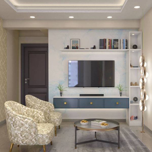 Blue Compact Wall-Mounted TV Unit Design | Livspace