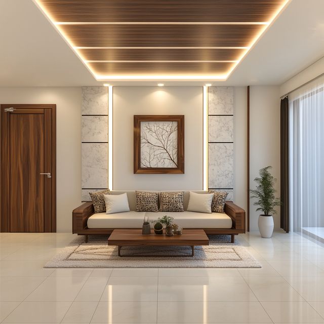 Painted and Wooden Finish Gypsum Single False Ceiling Design in ...