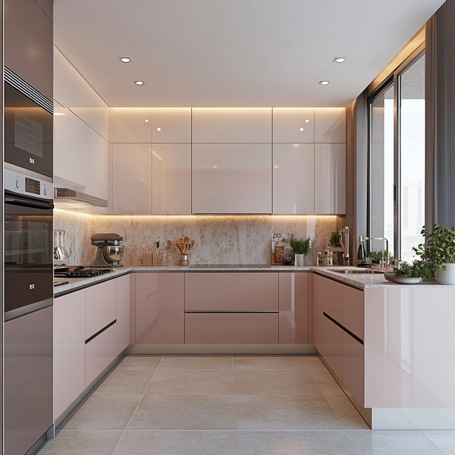 Curated visual reference: Visual Reference: Modern U Shaped Kitchen Design With Rose Granium And Frosty
