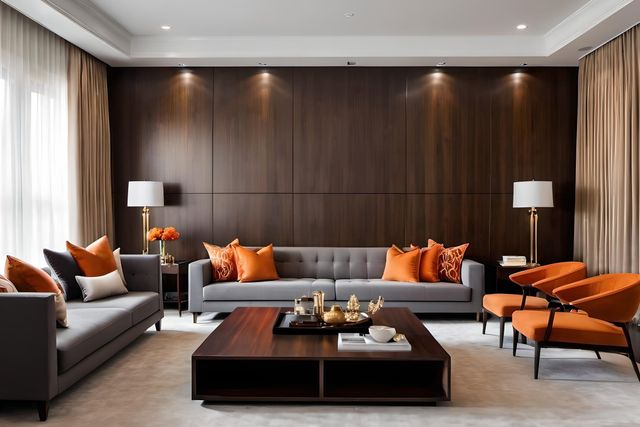 Modern Living Room Design: Orange Accent Chairs & Grey Sofa | Livspace