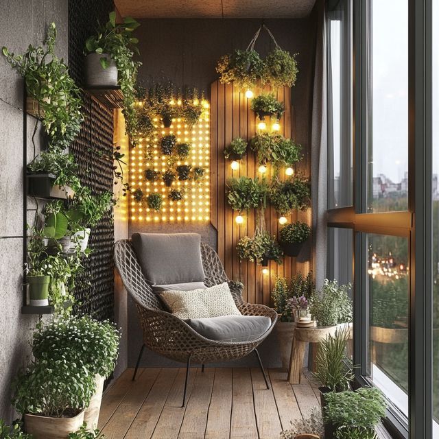 Modern Balcony Design with Vertical Garden, LED Lighting, and Cozy ...