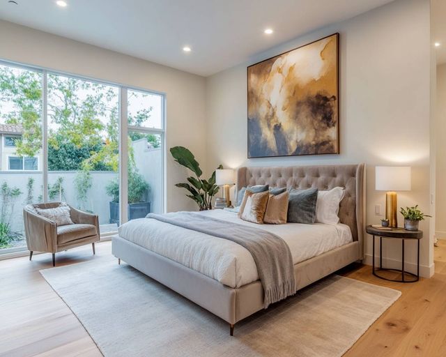 Master Bedroom Design with Modern Chandelier, Accent Chair and Grey ...