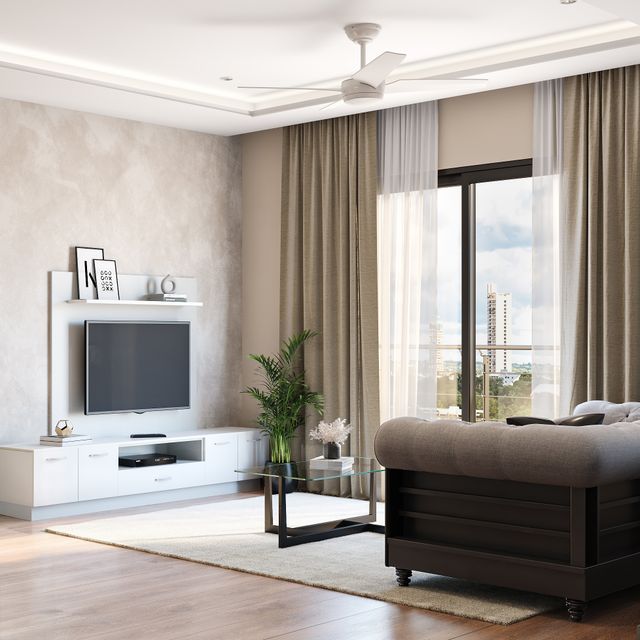 White Modern TV Unit Design With Floating Storage Cabinets | Livspace