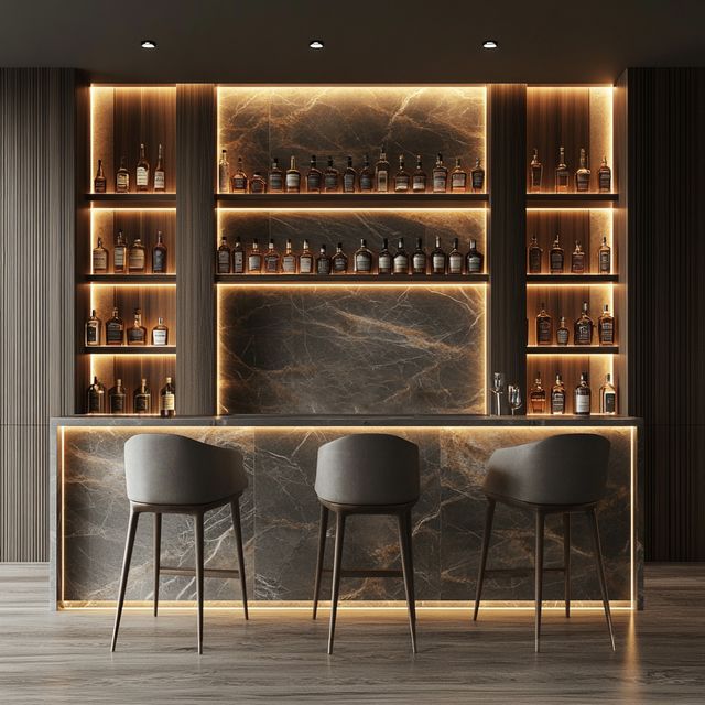 Rustic Wooden Home Bar Design with Stylish Open Shelving and Countertop ...