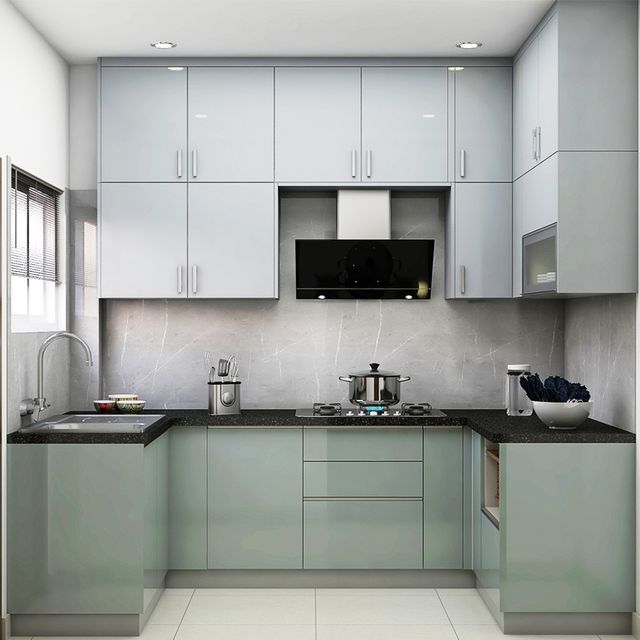 U-Shaped Modern Kitchen Design with High-Gloss Blue and Grey Cabinets ...