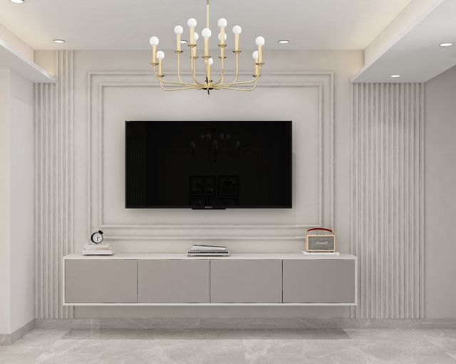Classic Grey and White TV Unit Design with Fluted Panels and Floating ...