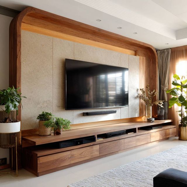 Teak Contemporary TV Unit Design with Wooden Drawers and Stone Backdrop ...