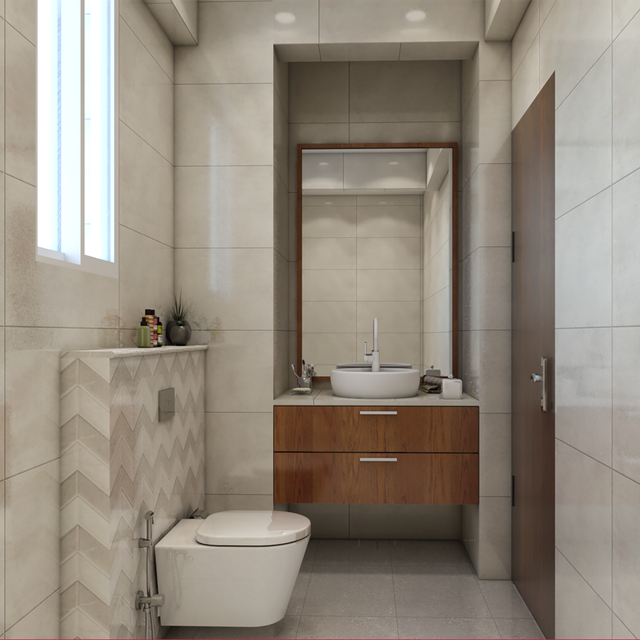 Glossy Bathroom Tile Design In A Neutral Colour Palette | Livspace - Bathroom Tile Design Ideas With Metallic Color Palette