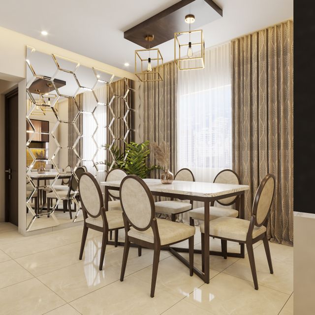 Spacious Dining Room Design With Mirror Panelling | Livspace