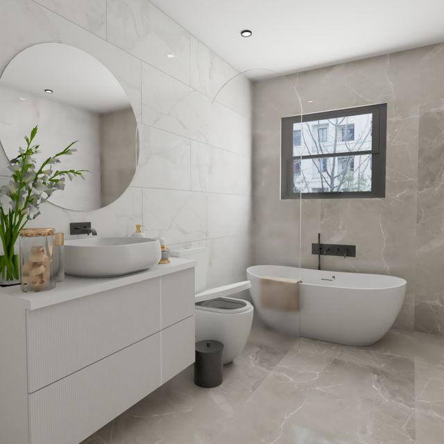 Spacious White And Grey Bathroom Design With White Vanity Unit | Livspace