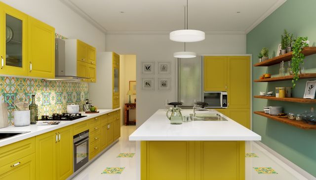 Spacious Yellow And White Island Kitchen Design With Green Wall | Livspace