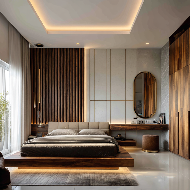 Contemporary Master Bedroom Design with Wood Panels and Queen Bed ...