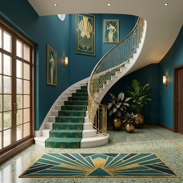 Spiral Art Deco Staircase Design with Marble Steps Brass Railing | Livspace