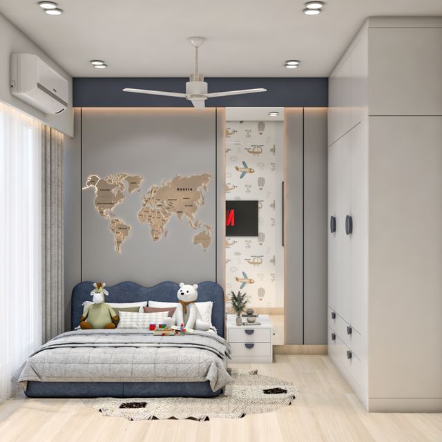 Kids Bedroom Design with Modern World Map Wall and Study Storage | Livspace