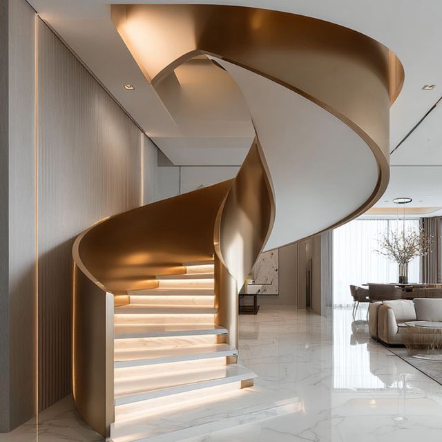 Contemporary Spiral Staircase Design with Brass and Marble | Livspace