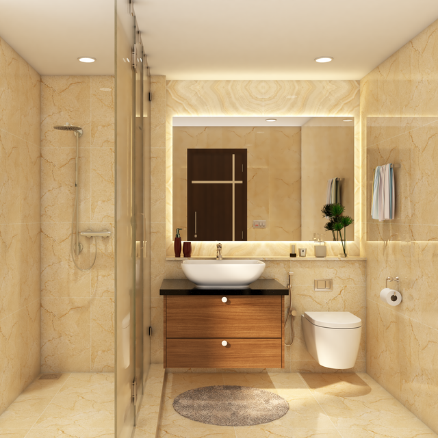 Modern Beige Bathroom Design With Wooden Vanity | Livspace