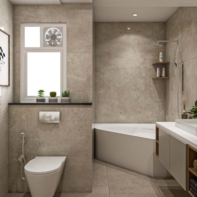 Image showcasing Modern Bathroom Design with Concrete Finish Tiles and Large Vanity ...