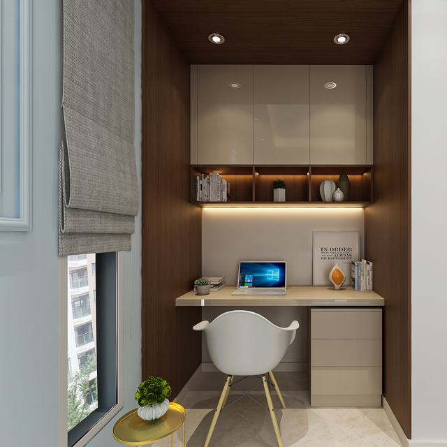 View of Modern Compact Home Office Design With Wall-Mounted Cabinet | Livspace