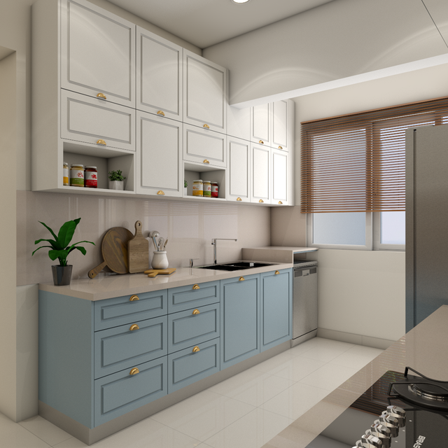 Blue and White Spacious Kitchen Design | Livspace