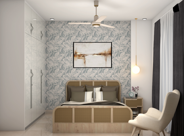 Spacious Master Bedroom Design With Blue And White Wallpaper | Livspace