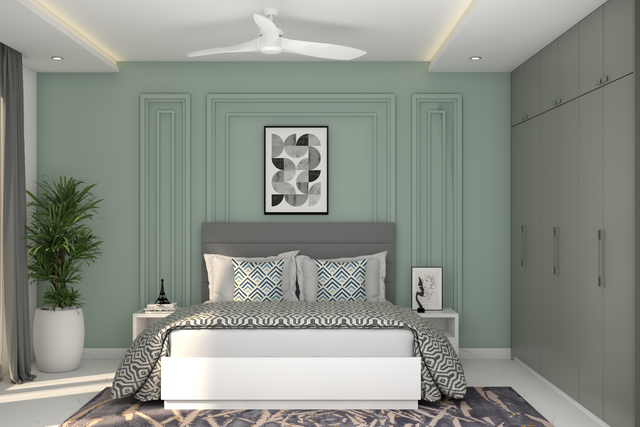 Compact Master Bedroom Design With Pastel Green Trims | Livspace