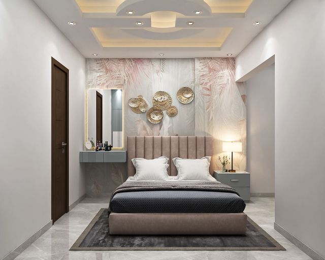 Contemporary Master Bedroom Design Idea With Leafy Wallpaper | Livspace