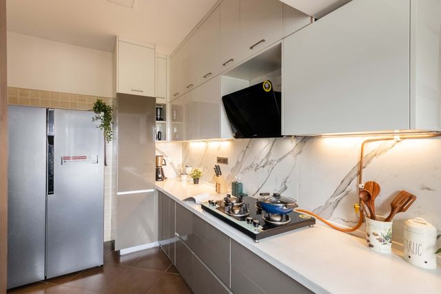 Picture of Open Modular Kitchen Design With White Loft Units - 12x9 Ft | Livspace