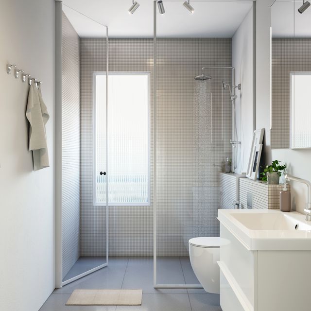 White And Grey Bathroom Design With White Vanity Unit And Chequered ...