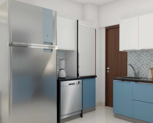 Spacious Kitchen Design With Blue And White Storage Units | Livspace