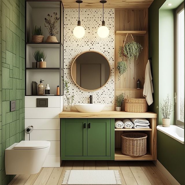 Rustic Farmhouse Bathroom Design Featuring Green Tiles and Membrane