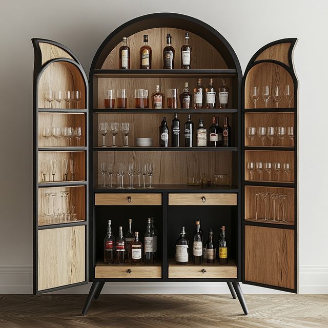 Home Bar Design with Modern Suede Laminate Shutters and Metal Handles ...
