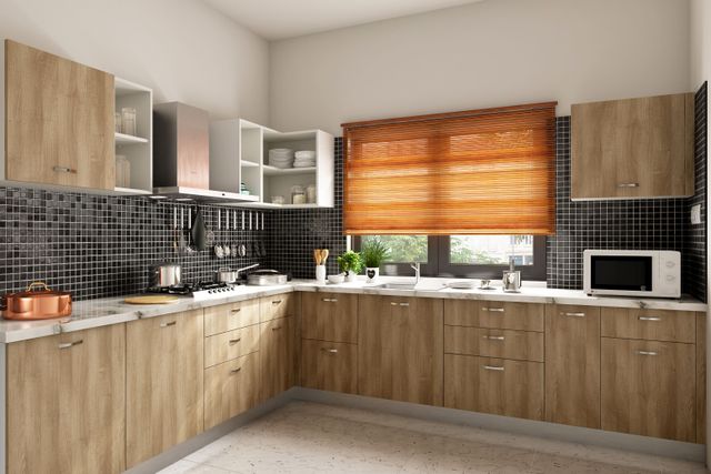 L-Shaped Modern Kitchen Design with Black Mosaic Backsplash and Quartz ...