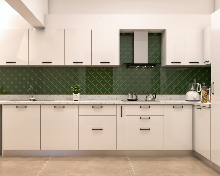 Kitchen with White Cabinets and Dark Green Backsplash | Livspace