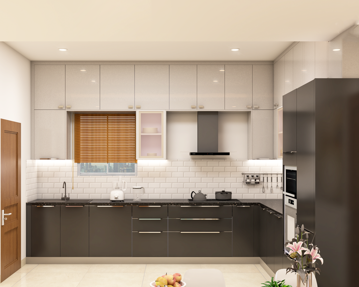 L-Shaped Spacious Kitchen with White Backsplash and Grey Cabinets ...