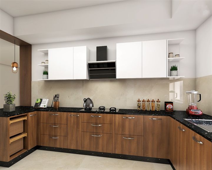 Wood and Ivory White Kitchen with Black Countertop | Livspace