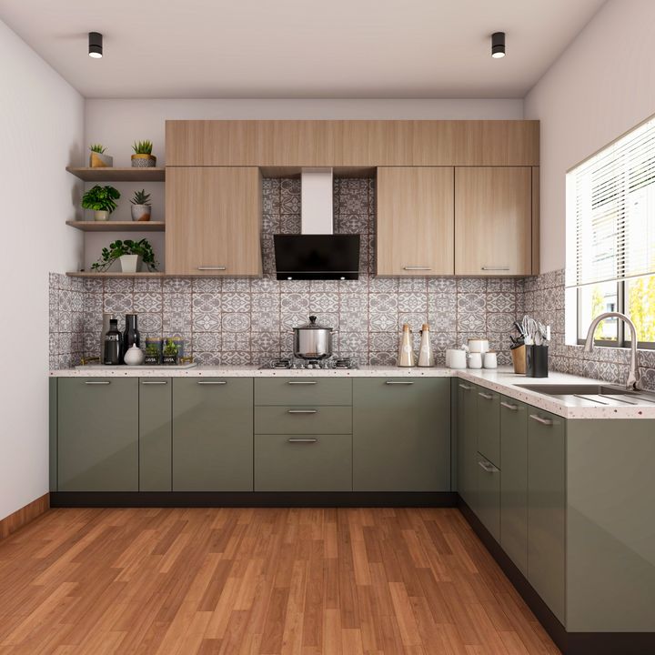 Grey LShaped Kitchen Design with Dado Tiles and Hob Livspace