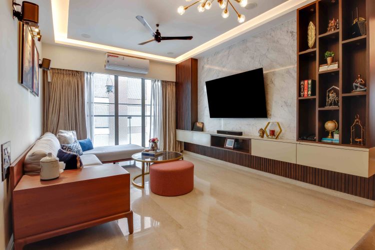 Elegant Living Room Tile Design With Travertine Marble | Livspace