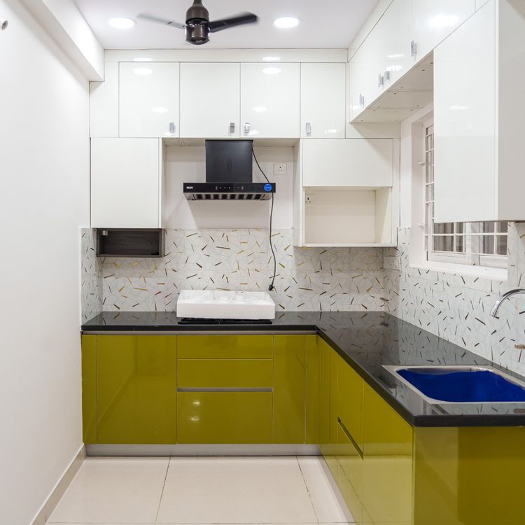 Modern Lime and White L-Shaped Kitchen Design With Glossy Finish | Livspace