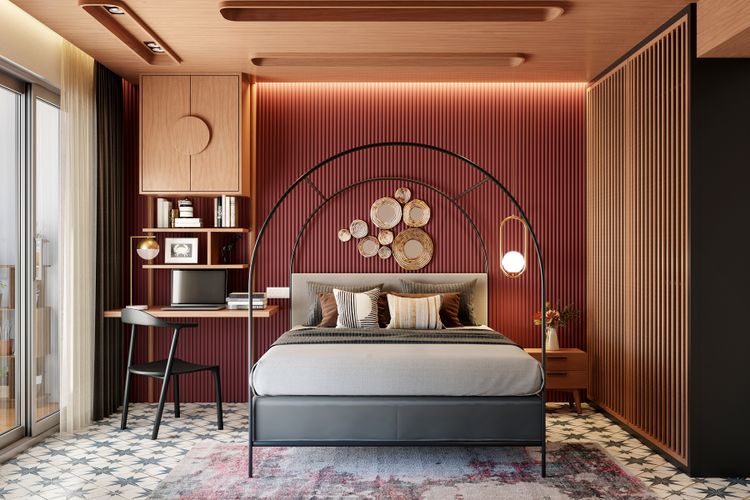 Spacious Master Bedroom Design With Bright Pink Wall | Livspace