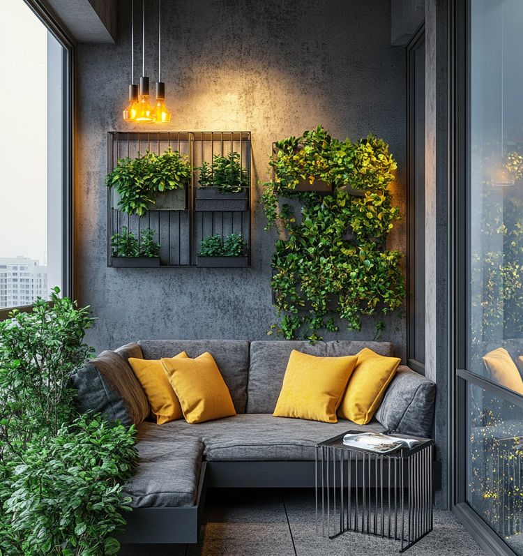 Green Modern Balcony Design with Vertical Planters and Corner Sofa ...