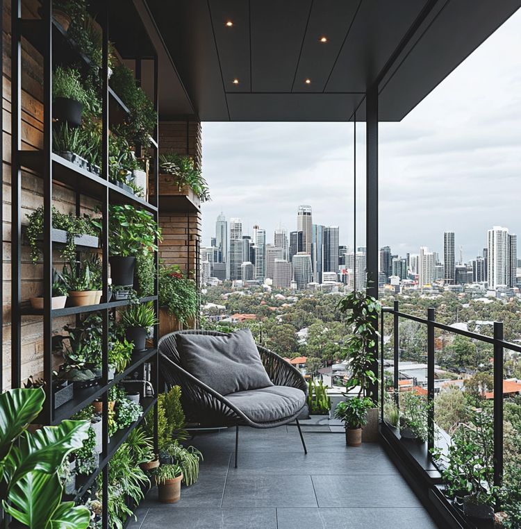 Balcony Design With Modern Black Metal Shelving Garden and Outdoor ...