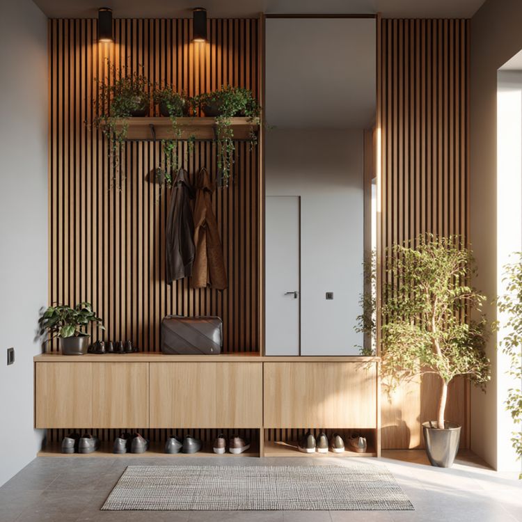Curated visual reference: Picture Idea: Modern Foyer Design With Concealed Storage And Hanging Plants