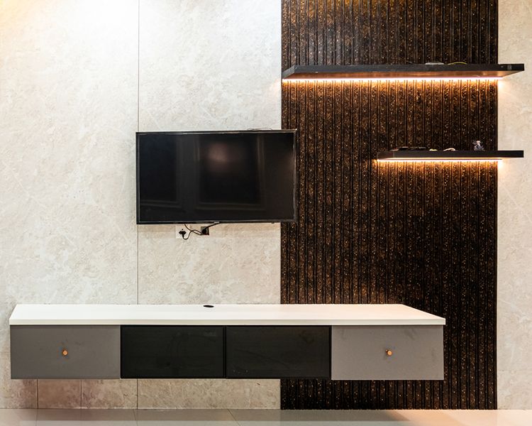 Modern Grey TV Unit Design With Integrated LED Lighting, Wall Panel and ...