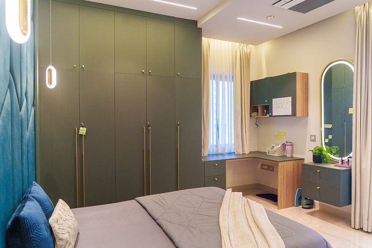 Desert Green 4-Door Swing Wardrobe Design With Suede Laminate Shutters ...