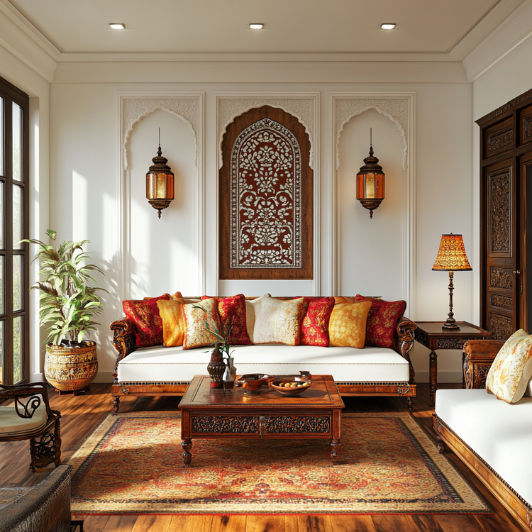 Living Room Design with Traditional Ornate 3-Seater Wooden Sofas and ...
