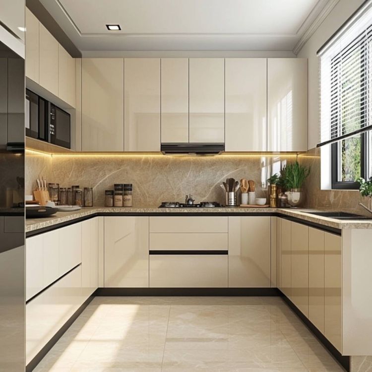 Image showcasing U-Shaped Contemporary Kitchen Design with Quartz Countertop and LED ...