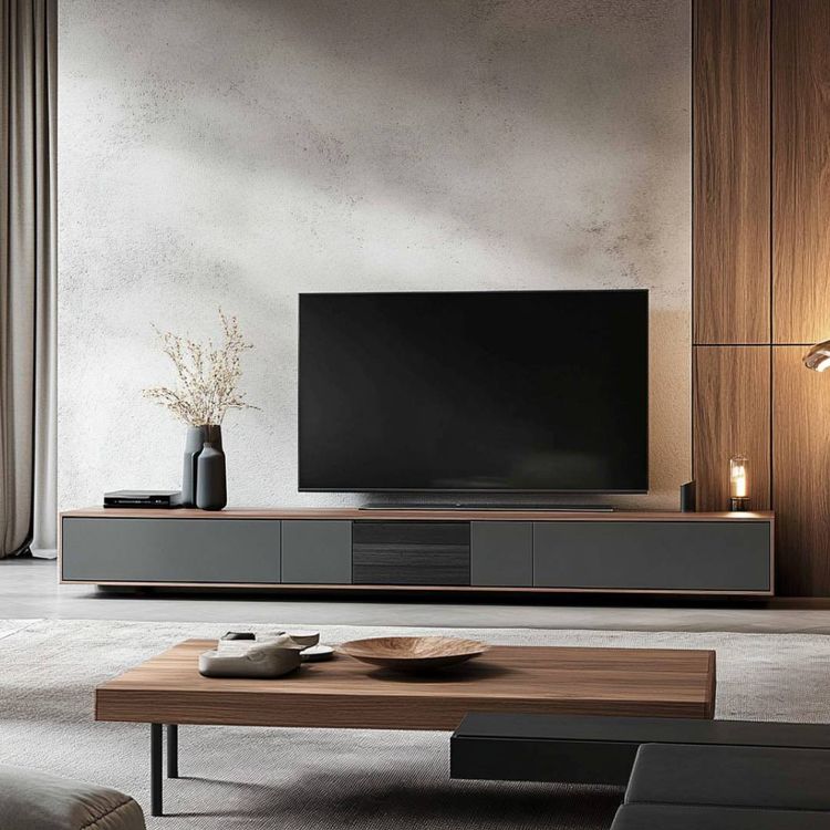 Modern TV Unit Design With Warm Wooden Finish and Grey Cabinetry ...